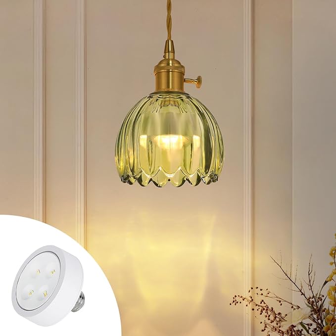 Vintage Gold Rechargeable Pendant Light with 70 Inch Cord and Exquisite Tulip Green Glass Shade for Kitchen Island, Living Room & Dining Room, Ideal Hanging Light for Multiple Spaces