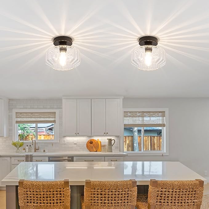Semi Flush Mount Ceiling Light with Hexagonal Diamond Textured Glass, Matte Black Base & Includes 1200LM LED Bulb - Kitchen Lighting, Hallway Light Fixture, Bathroom Ceiling Light Fixture