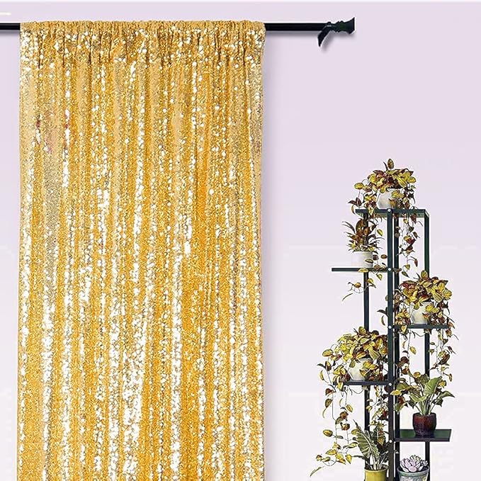 Gold Sequin Backdrop Curtains 4 Panels 2FTx8FT Glitter Gold Drapes Photo Backdrop Party Wedding Baby Shower Curtain Sparkle Photography Background