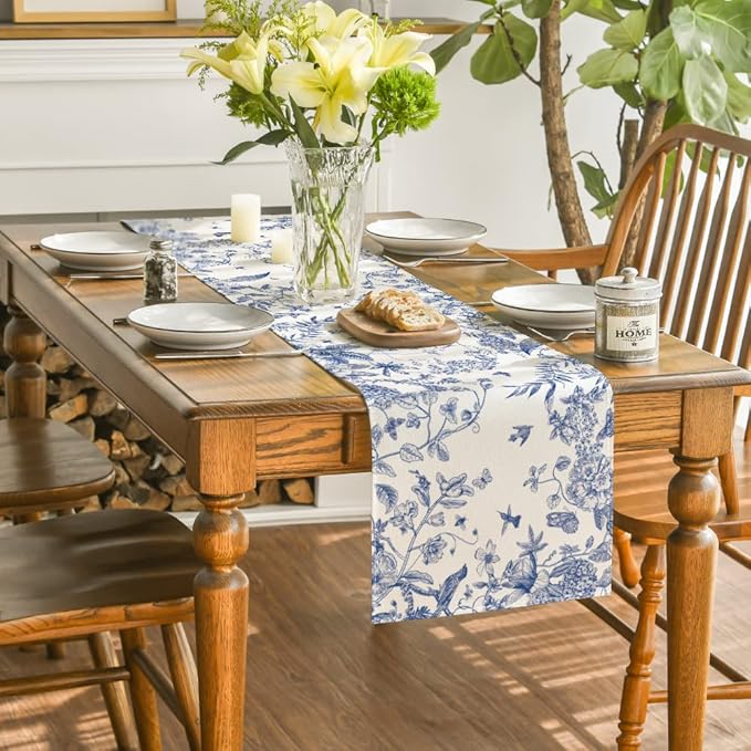 Artoid Mode Monochrome Sketch Birds and Flowers Spring Table Runner, Seasonal Summer Fall Kitchen Dining Table Decoration for Home Party Decor 13x108 Inch
