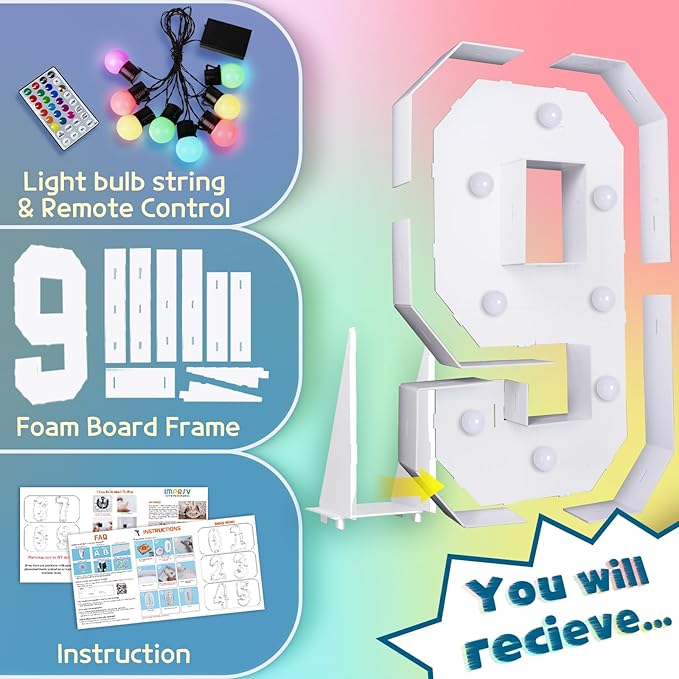 imprsv 3FT Colorful Marquee Numbers,18 Colors Number 9 with Remote, Light Up Numbers Sign for 3rd Birthday Decorations Anniversary Party Decor, Pre-Cut Foam Board Kit, Mosaic Sign for Balloon