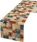 4th of July Table Runner, Rustic Vintage Country Red White Blue American Stars Independence Day Print Table Cover for Farmhouse Kitchen Dining Table Decor, 13x120inch