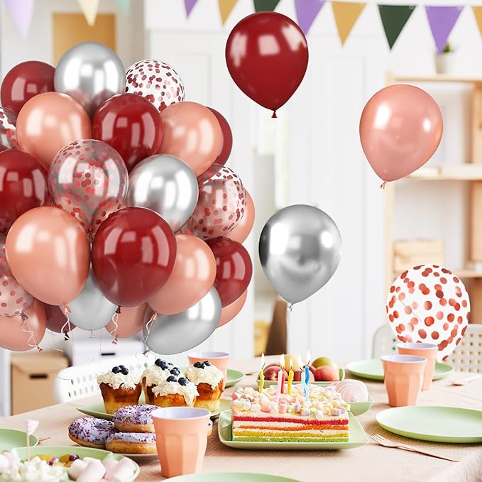 Burgundy Rose Gold Balloons, 52 PCS 12 Inch Wine Red Silver Rose Gold Latex Balloons with Confetti Balloons for Women Girls Birthday Wedding Bridal Shower Party Anniversary Decoration
