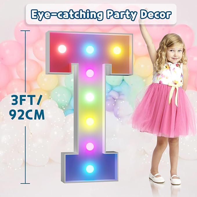 imprsv 3FT Colorful Marquee Light Up Letters T, 18 Colors Large Light up Letters Alphabet Sign with Remote, Big Marry Me Sign, Birthday Party Decorations Baby Shower Anniversary Wedding Decoration