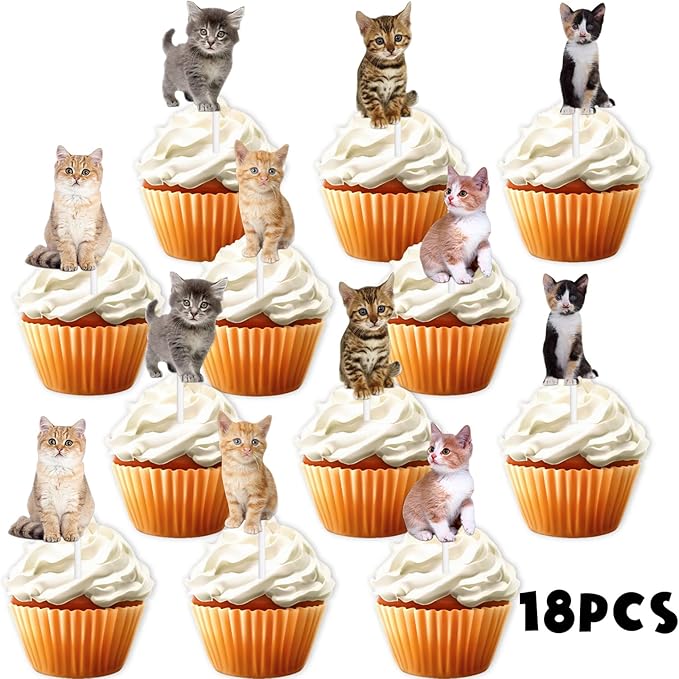 18pcs Glitter Cat Dessert Cupcake Topper Pick for Cute Lovely Cat Theme Decorations Baby Shower Boys Girls Happy Birthday Party Decor Supplies