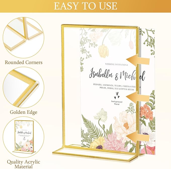 Hoteam 24 Pack 5 x 7/7 x 5 Clear Acrylic Sign Holder with Gold Border, Gold Picture Frame, Double Sided Wedding Table Number, Acrylic Menu Stands for Wedding Table, Restaurant Sign, Photos Display