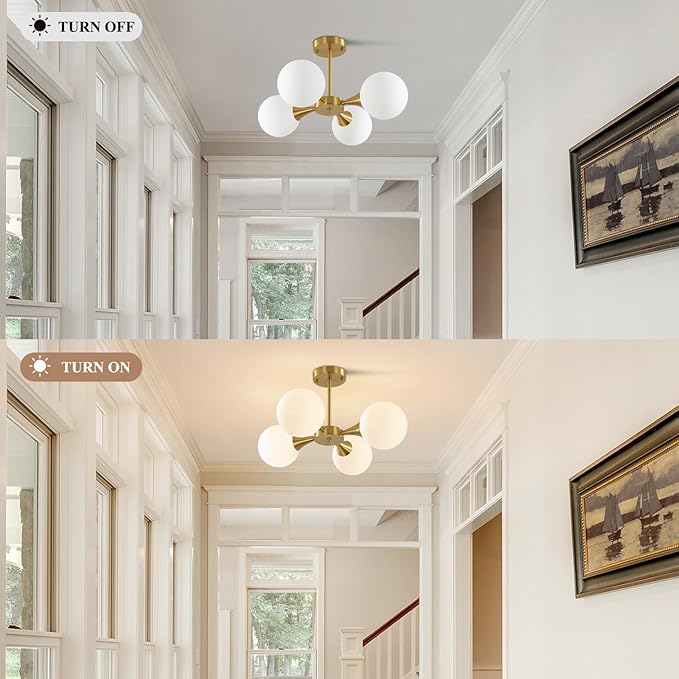 KCO Lighting Modern Globe Ceiling Light Gold Semi Flush Mount Sputnik Chandelier Mid Century Frosted Glass Ceiling Lamp for Living Room Dining Room Bedroom (4-Light)