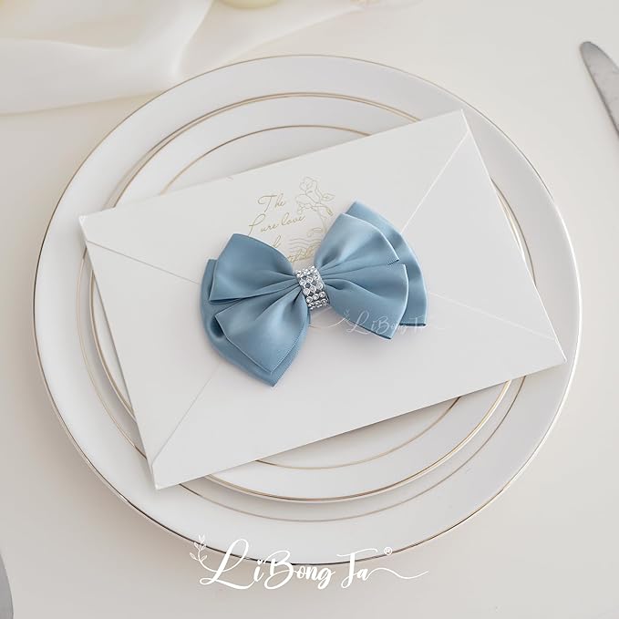 Satin Bows 4'' Premade Dusty Blue Ribbon Bow, Blue Gift Bows With Rhinestone, Wrapping Bows For Presents, Greeting Cards, Treat Bags, Wine Bottles, Valentines Bows For Gift Wrapping-12 Counts