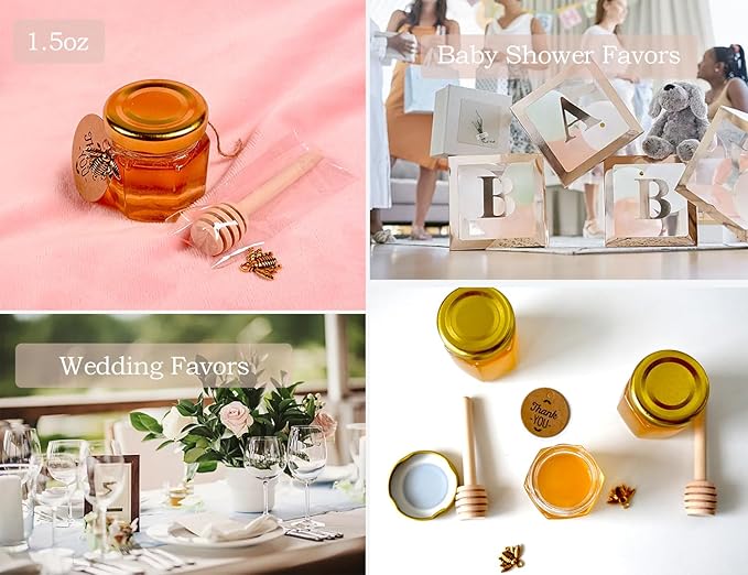Adabocute Honey Pot, Mini Honey Jars with Dipper, Glass Honey Jars Baby Shower Favors, Party Favors & Wedding Favors, Gold Lid, Bee Pendants, Gold Organza Bags, 20 Pack 1.5oz