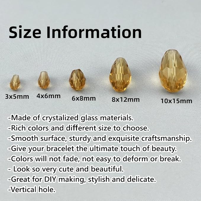 130pcs 6x8mm Teardrop Crystal Glass Beads for Jewelry Making, Faceted Vertical Hole Teardrop Glass Spacer Beads for Wind Chimes Bracelet Earring Necklace DIY Craft(Gold Champagne)
