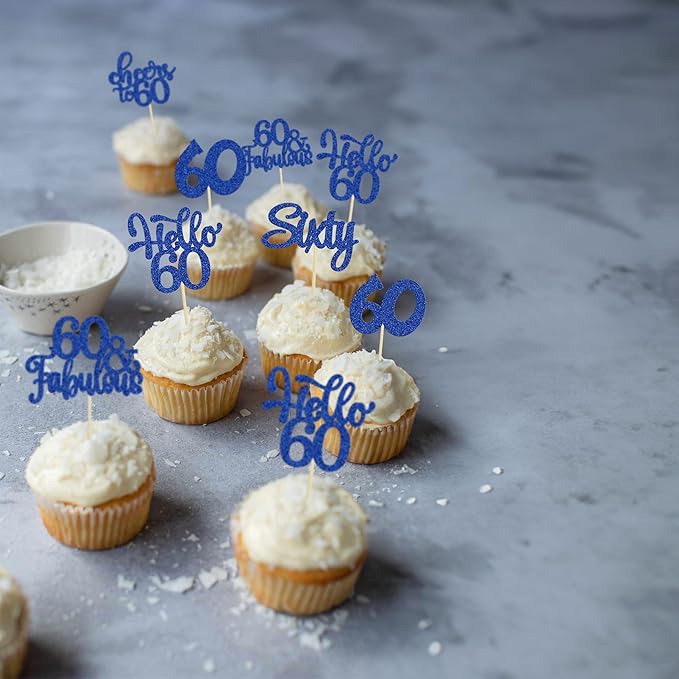 30Pcs Happy 60th Birthday Cupcake Toppers Deep Blue Glitter Sixty Cake Toppers Cheers to 60 Years Old Birthday Cupcake Picks for 60th Birthday Anniversary Party Cake Decorations Supplies