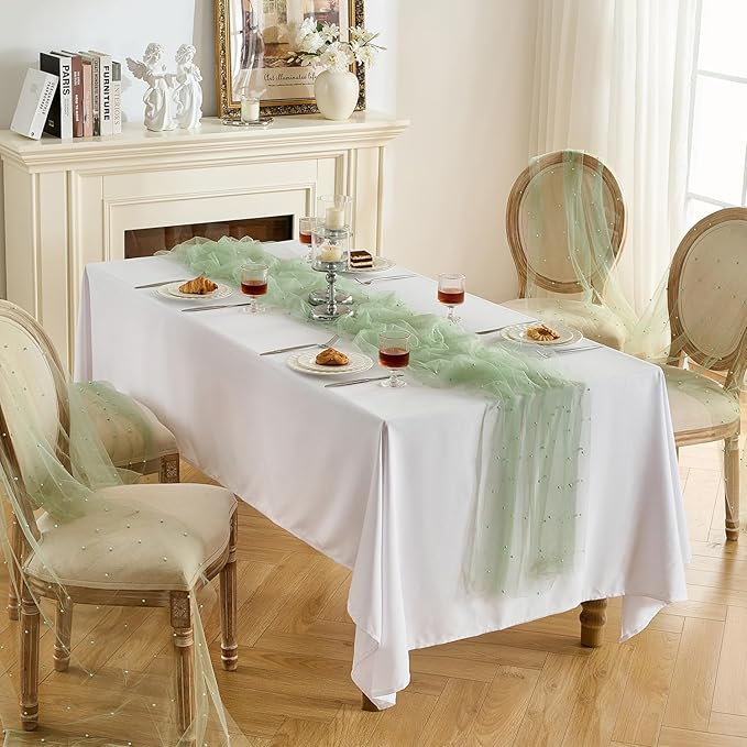 Fanami 1 Pack Pearl Table Runner -10FT Sage Green Boho Tulle Table Runners 120 Inches Long Rustic Sheer Lace Fabric Centerpieces for Wedding Arch Birthday Party Bridal Veil Baby Shower Decorations