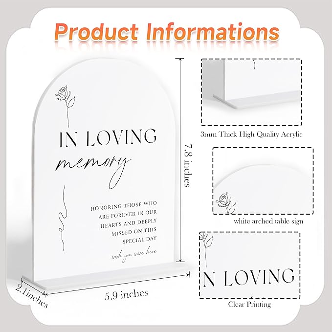 In Loving Memory Sign, White Arch Acrylic Wedding Sign, Memory Table Signs for Wedding Reception and Event Party, Bridal Shower Decor, Centerpiece Table Decorations Party-7