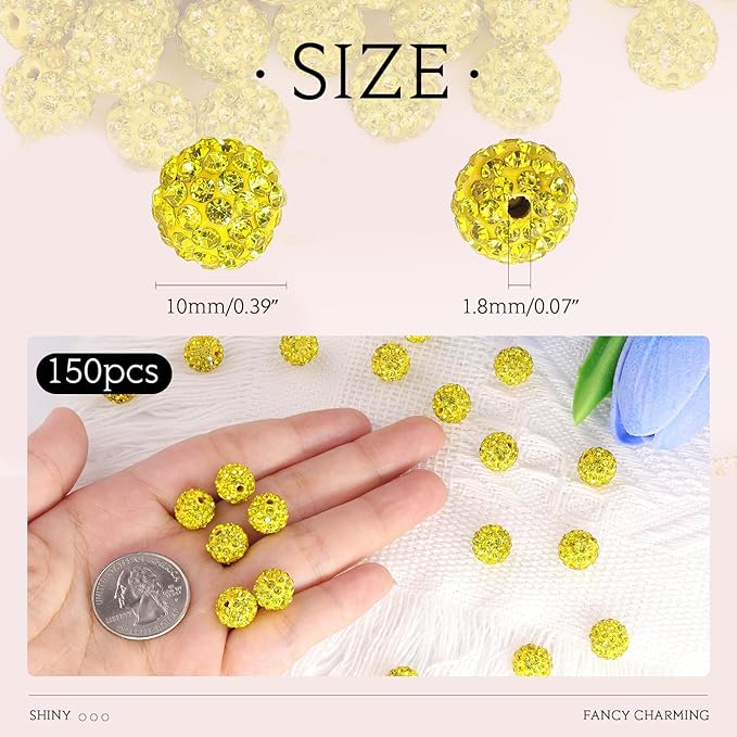 150 pcs 10mm Rhinestone Beads for Jewelry Making, Yellow Shiny Round Shamballa Disco Beads Bulk, Sparkle Crystal Clay Christmas for Bracelet Baseball Necklace Earring Crafting and DIY