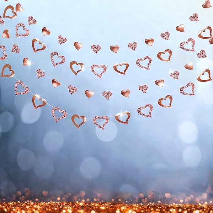 Cheerland Rose Gold Heart Garland Glitter Valentine Day Mothers Day Wedding Engagement Anniversary Bridal Shower Baby Shower Bachelorette Party Decorations Backdrop Banner Hanging Decor