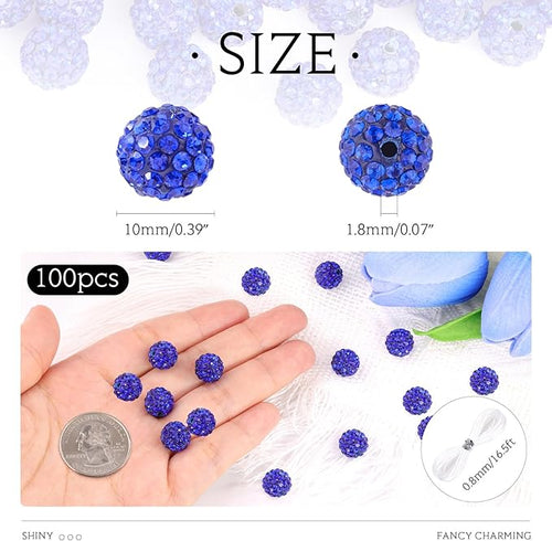 100 Pcs 10 Mixed Colors Rhinestone Beads for Jewelry Making, Sparkle Crystal Clay Christmas for Bracelet Baseball Necklace Earring Crafting and DIY, Shiny Round Shamballa Disco Ball Beads