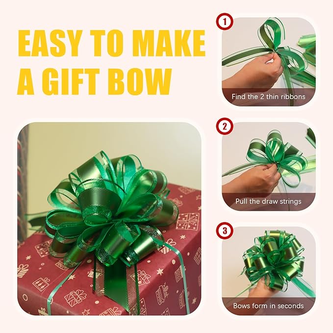 12 PCS 6 Inch Large Pull Organza Green Bows - Perfect for Gift Wrapping, Wedding Decor, Car Bows, Birthday Parties, Christmas and Valentine's Day