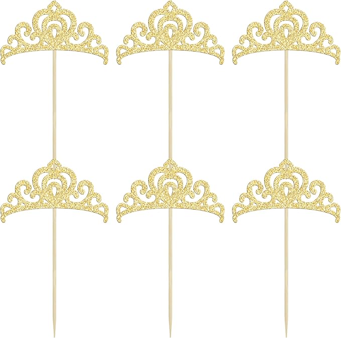 Gyufise 24Pcs Gold Princess Crown Cupcake Toppers Glitter Princess Cake Pick Decorations for Wedding Girl Birthday Baby Shower Party Decorations Light Gold