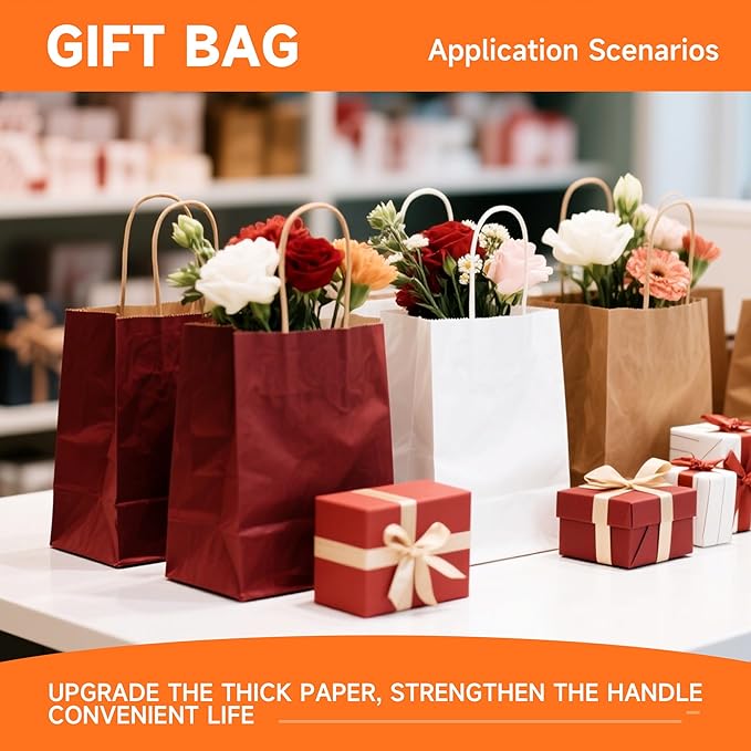 METAPRINT Brown Paper Gift Bags with Handles in Bulk,100 Pack 5.8x3.2x8.25 Inch Small Kraft Paper Bags for Birthday, Party Favors, Grocery, Retail, Shopping, Business