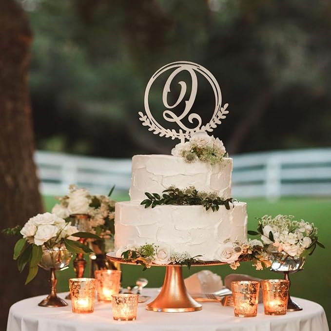 LINGTEER Personalized Inital Letter Q Wooden Cake Topper Perfect for Birthday Rustic Wedding Anniversary Keepsake Party Decoration