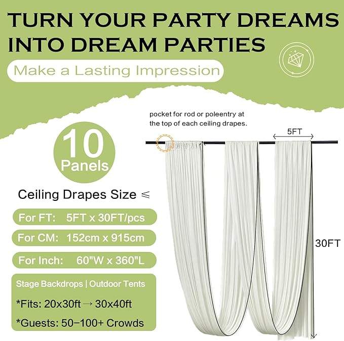PartyVillage 10 Panels 5ftx30ft Ivory Ceiling Drapes for Wedding Parties – 30 FT Extra Long Thick Polyester Wrinkle-Free Drapery Tent Decor Decorations for Birthday Party Ceremony Stage Swag