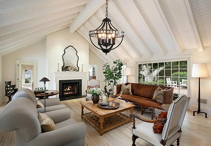 Farmhouse Crystal Ceiling Hanging Chandelier,16inch Black Rustic Vintage Pendant Light Fixture for Living Room Bedroom Dining Room Dining Foyer Kitchen Entry （5-Light）