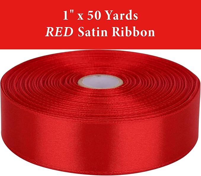 1" x 50 Yards Red Satin Ribbon Single Faced Fabric Ribbons for Gift Wrapping, Crafting, Bows Making, Flower Bouquet, Wedding, Home Decor