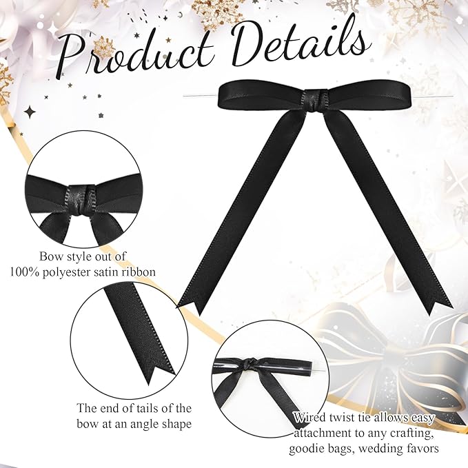 Riceshoot 50 Pcs Twist Tie Bows for Cake 3x4.5 Inch Satin Ribbon Bows for Gift Wrapping Treat Bags Craft DIY Wedding Baby Shower Birthday Party(Black)