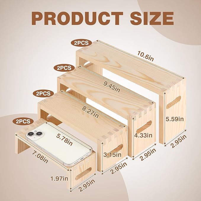 8 Pcs Wood Risers Display Stands, 2 Set Wooden Risers for Table Display, 4 Tier Rectangular Riser Display Stand Wooden for Cupcake, Desserts, Perfume, Collections, Jewelry Showcase (Nature)
