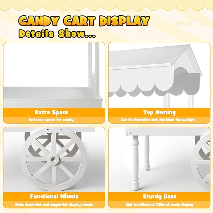7FT Candy Cart Display Stand with Decorated Wheels, Dessert and Party Decoration Cart with 100 Ballons, Easy to Install Vintage for Parties, Birthdays, Weddings, (White)