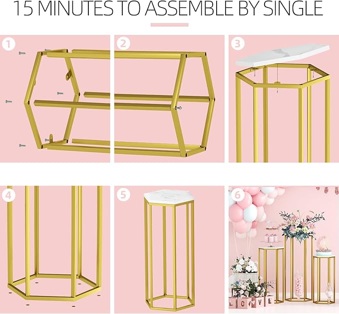 Urban Deco Cylinder Stands for Party, Set of 3 Gold Metal Hexagon Cake Pedestal Stand with Marbled Countertop, Flower Plant Pedestal Stands for Display Parties Wedding Birthday Decor, 3PCS, Gold