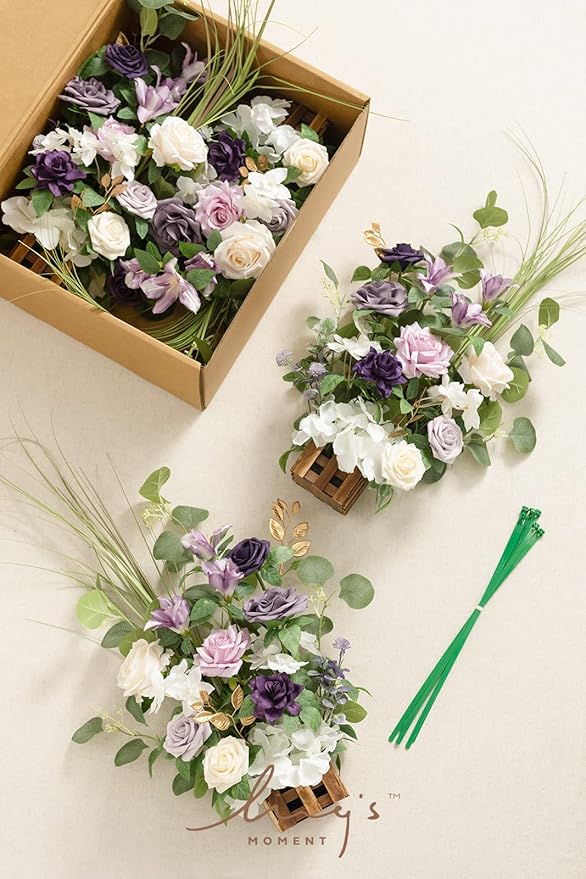 Ling's Moment 17.5" Tall Standing Artificial Flowers Arrangements 4 pcs Wedding Aisle Runner Chair Decorations Lilac & Gold Centerpieces for Ceremony Reception Rose Floral Party Outdoor Decor