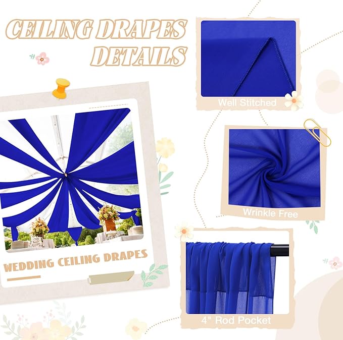 FUHSY Royal Blue Ceiling Drapes for Wedding Arch Draping Fabric Chiffon Wedding Drapery 4 Panels 5x20FT Sheer Curtains Drapes Tulle Backdrop for Reception Party Ceiling Decorations Arch Drapes Wedding