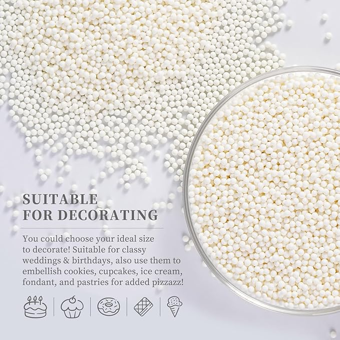 White Nonpareils Sprinkles, Edible 2mm Pearl, White Sprinkles for Cake Decorating, Cake Pops, Cupcakes, Cookies, Macaron, and Ice Cream(120g/4.23oz)