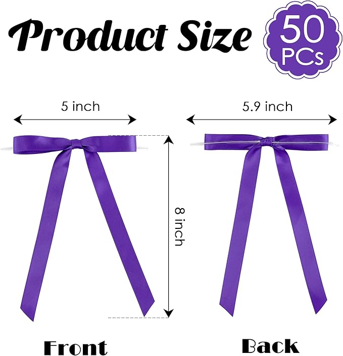 50 PCs Purple Bow 5 Inch Long Tail Bows for Gift Wrapping, Easter Bow Party Decorations, Twist Tie Bows, Satin Bows for Crafts, Premade Bows for Presents, Treat Bags, Bottles, Cakes