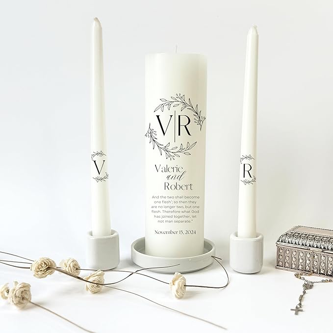 Unity Candles for Wedding, Modern Unity Set, Custom and Personalized Pillar and Taper Candles with Bible Quote, Unscented White Premium Wax, Religious and Wedding Ceremony, Special Events (Black)