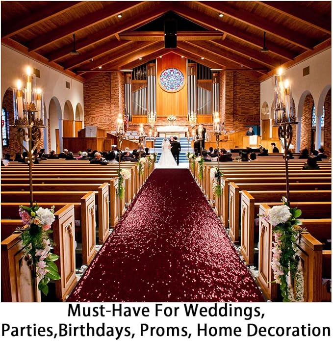 ShinyBeauty Sequin Aisle Runner for Weddings - 2FTx15FT Burgundy Glitter Carpet, Backing & Reusable Decor for Ceremony, Receptions, Events (Wine Red)