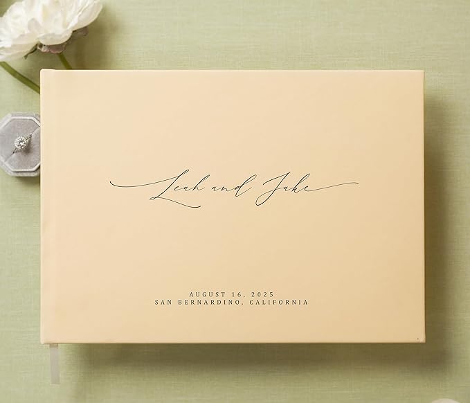 MUUJEE Personalized Guestbook in Butter - Premium Custom Modern Guest Book for Wedding Reception, Birthday Party or Events w/Bookmark Blank Pages for Signing 11.5 x 8.5 inches