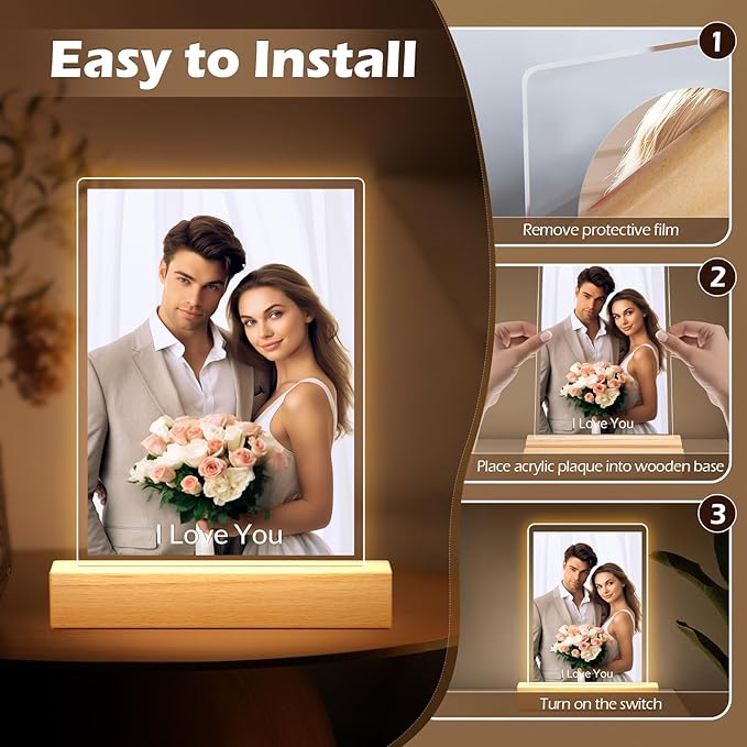 Custom Picture Frames with Photo, Personalized Photo Frame with Night Light, Customized Picture Frames, Personalized Anniversary Photo Gifts for Women, Men, Him, Her, Couple, Boyfriend, Girlfriend