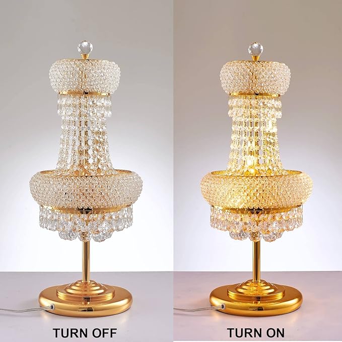 6-Lights Golden Finish Classic Empire Style K9 Crystal Ball Bedside Desk Table Lamp Night Light Fixture for Living Room Dining Room Bedroom Office Home Table Decoration (W 10 × H 22 inch)