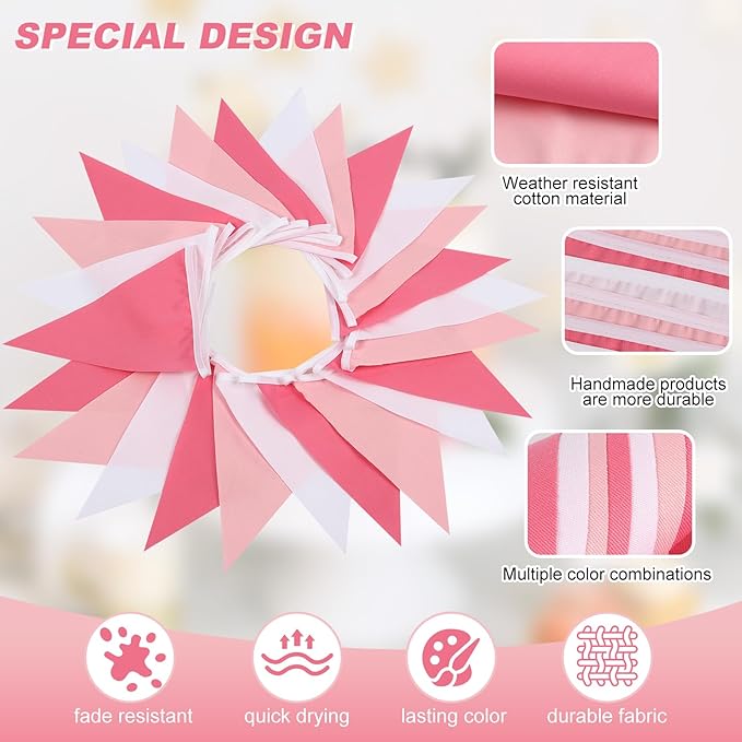 Pink Pennant Banner Triangle Flag Bunting Garland for Wedding Birthday Baby Shower Graduation Decoration 33 Feet 30 Pieces