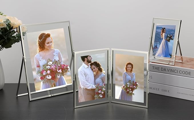 7x9'' Silver' Double Floating Frame For Photo Sizes (4x 6''5x7'',6x8''),Adjustable Tabletop/Shelf Photo Frame,Gift for Wedding,Birthady, Home or Office Decor.