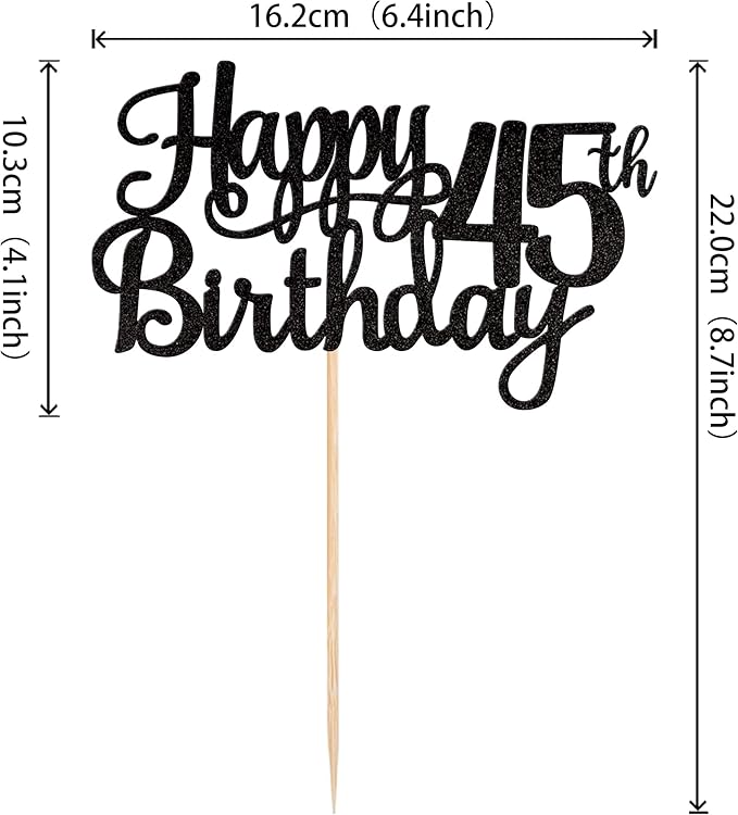 1 PCS Happy 45th Birthday Cake Topper Glitter Cheers to 45 Years Birthday Cake Pick 45 Fabulous Cake Decoration for Happy 45th Birthday Theme Party Decorations Supplies Black