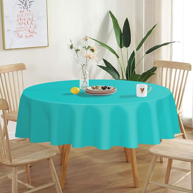 QIKSION Aqua Blue Round Tablecloth 2 Pack, 84 Inch Plastic Table Cover Disposable for Parties