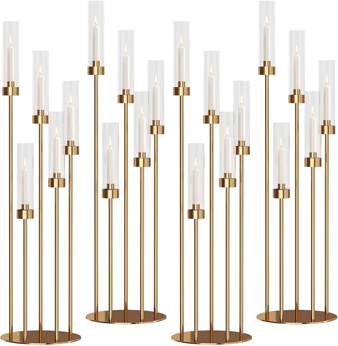 42.5'' Floor Candelabra 5 Arm Candelabra Centerpieces for Tables Gold Candle Sticks Holder 4 Set Tall Metal Candlestick with Acrylic Lampshades for Home Christmas Party (Round)