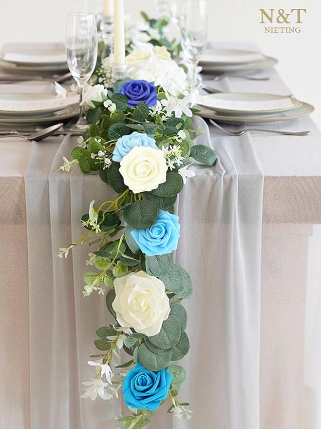 N&T NIETING Blue Roses Artificial Flowers, 50pcs Fake Flowers Rose Perfect for DIY Wedding Bridesmaid Bridal Bouquets Centerpieces Home Flower Arrangement Decoration, Series Blue