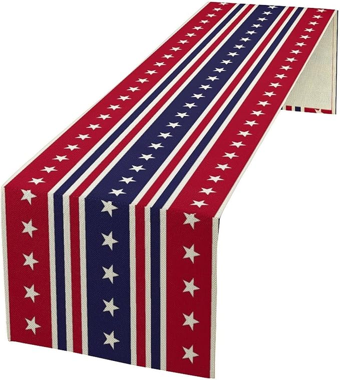 4th of July Table Runner, USA Flag Stars Stripes American Independence Day Red Blue White Stars Lines Print Table Cover for Farmhouse Kitchen Indoor Outdoor Home Party, 13x120inch
