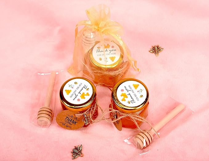 Adabocute 60 Pack Mini Honey Jars with Dipper - Honey Pot with Gold Lid, Bee Pendants, Jutes, Gift Bags and Stickers - For Baby Shower Wedding Favors