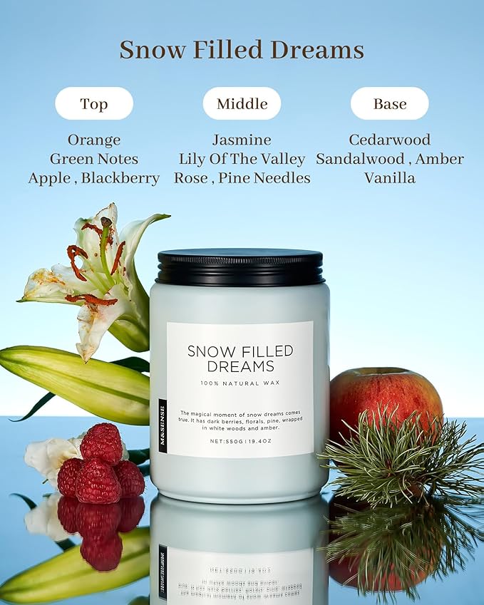 M&SENSE Snow Filled Dreams - Jasmine & Pine Large Scented Candles, 19.4oz 110 Hour Clean Non Toxic Long Lasting Candle Organic Natural Soy Wax Candle Gifts for Women Men