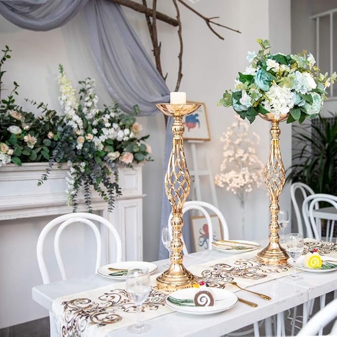 Gold Metal Wedding Centerpieces - Twist Candleholder Stands & Flower Vases for Reception Tables